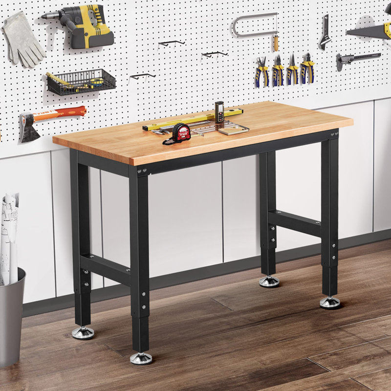 Work Table Workbench with Adjustable Height Rubber Wood Tabletop Work Bench